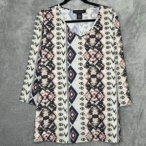 Isabel Hayley XL Shirt Top Beige Geometric 3/4 Sleeve V Neck Stretch Bohemian